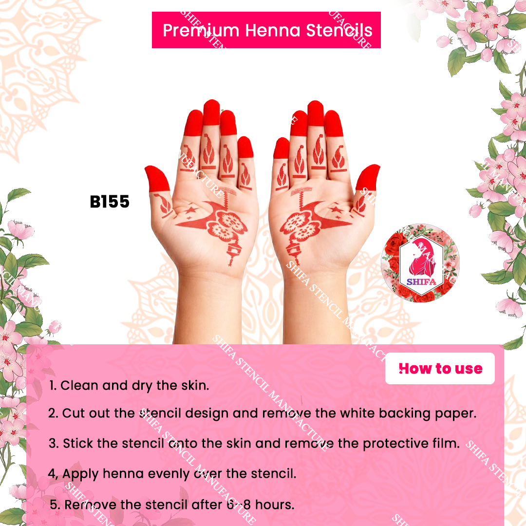 B155 (age 5 to 10) Celestial Petal Flame Double Hand Henna Stencil